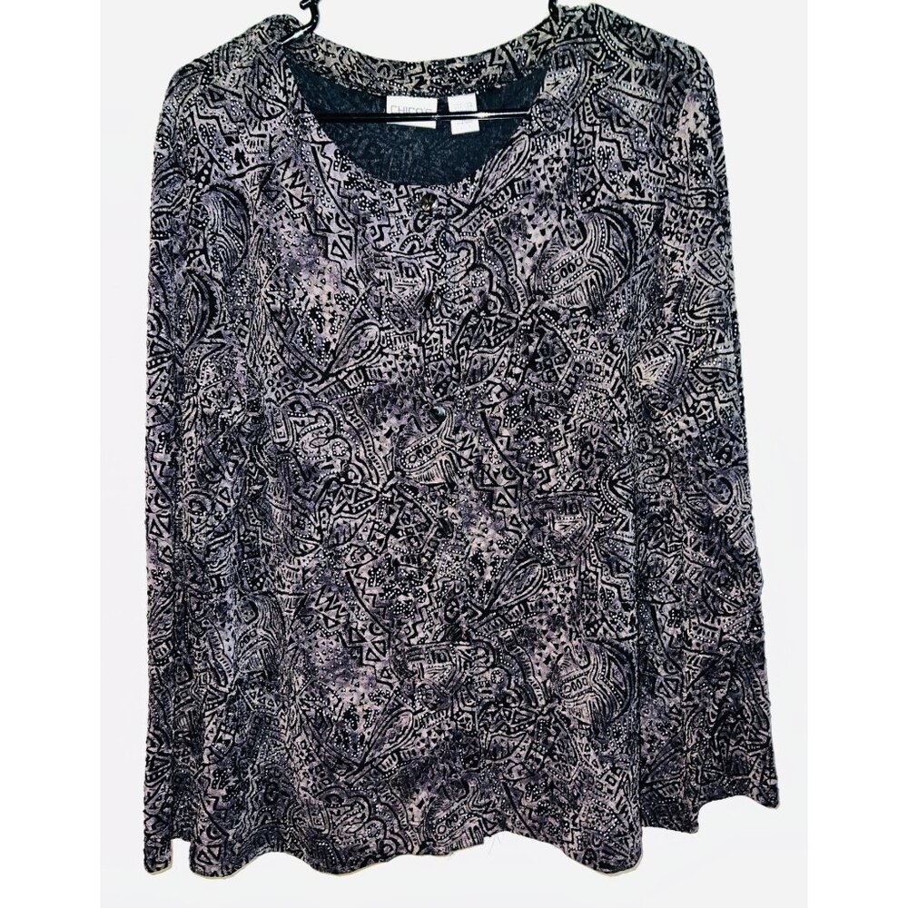 Chico's Women's Black & White Long Sleeve Blouse Size 3  Abstract Pattern